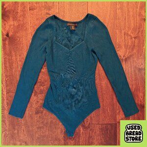 House of Harlow 1960 Ribbed Stretch Long Sleeve Bodysuit Blue Sz M Hexagon Neck